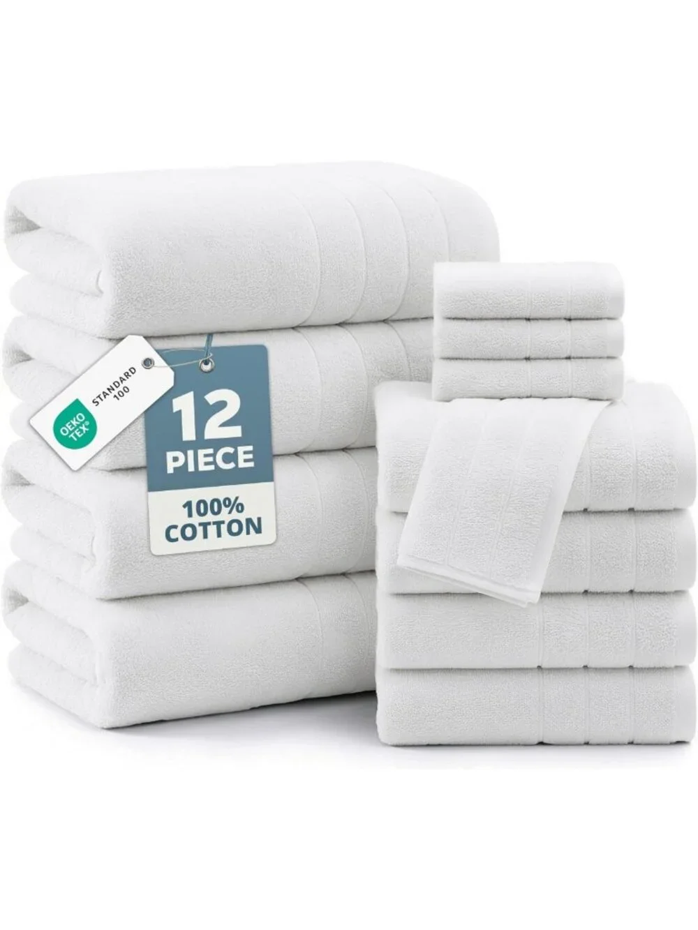 Luxurious 12-Piece Bath Towel Set - 100% Cotton, Soft & Absorbent, White